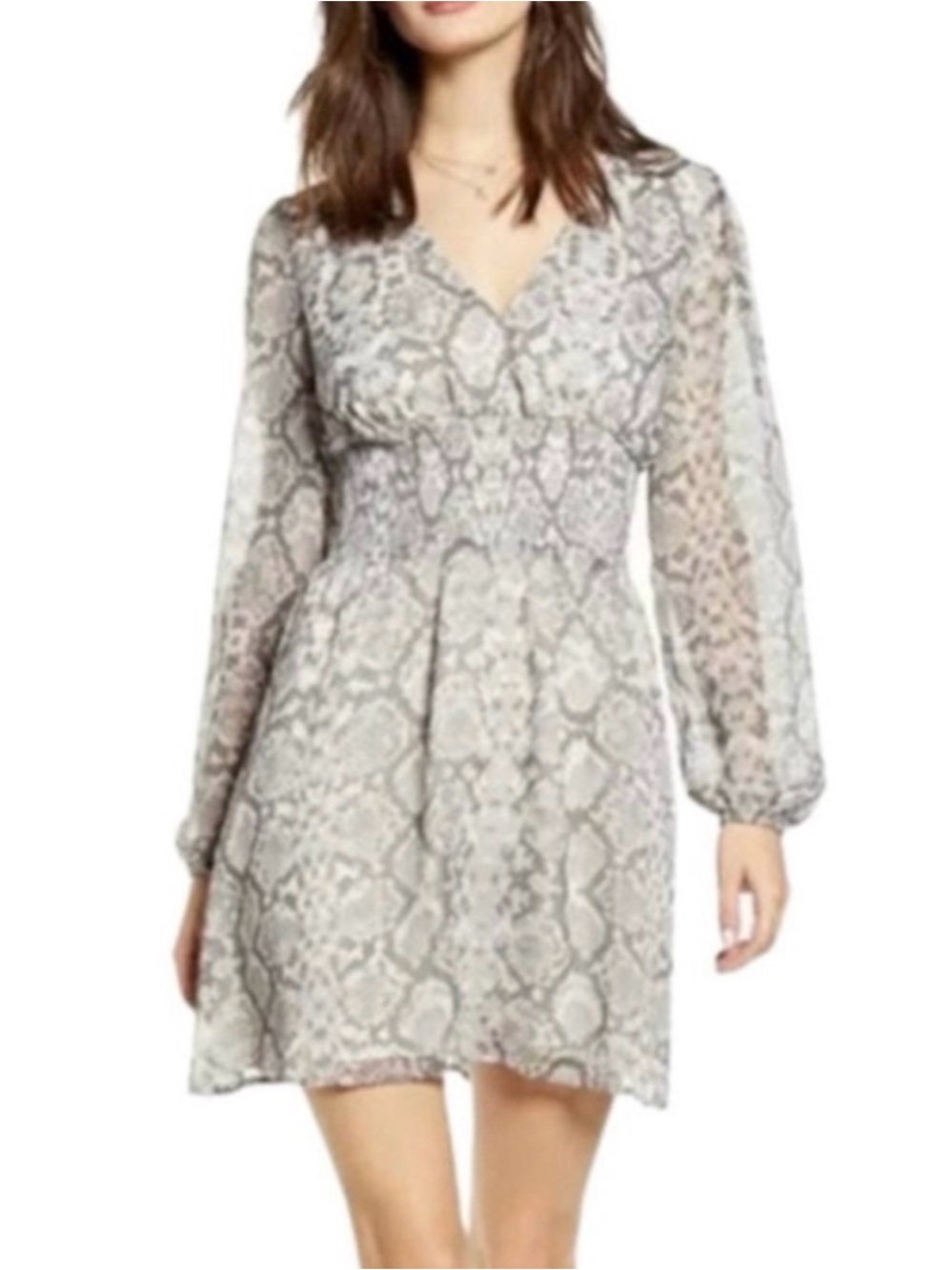 Leith Snake-Print V-Neck Long-Sleeve Mini Dress - Gray & Pinj